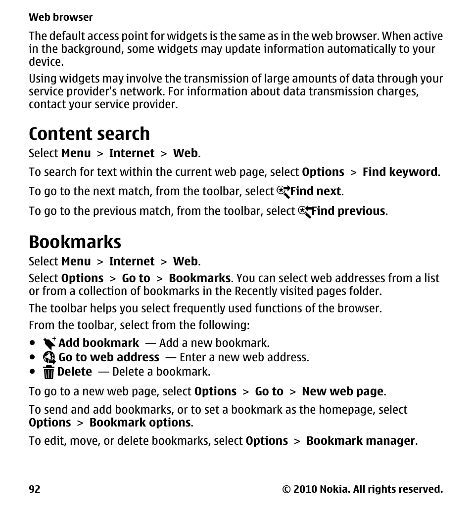 Content search, Bookmarks | Nokia 5233 User Manual | Page 92 / 142