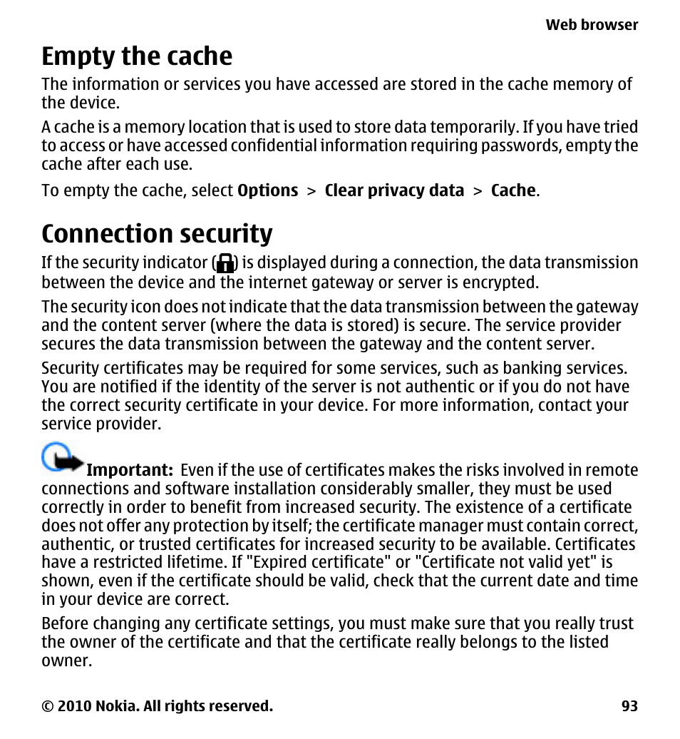 Empty the cache, Connection security | Nokia 5233 User Manual | Page 93 / 142