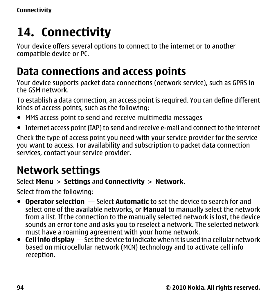 Connectivity, Data connections and access points, Network settings | Data connections and access, Points | Nokia 5233 User Manual | Page 94 / 142