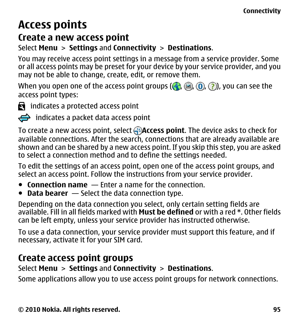 Access points, Create a new access point, Create access point groups | Nokia 5233 User Manual | Page 95 / 142
