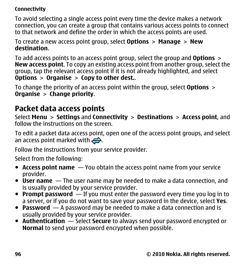Packet data access points | Nokia 5233 User Manual | Page 96 / 142
