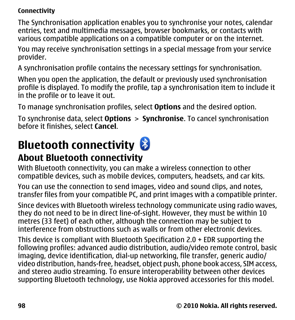 Bluetooth connectivity, About bluetooth connectivity | Nokia 5233 User Manual | Page 98 / 142