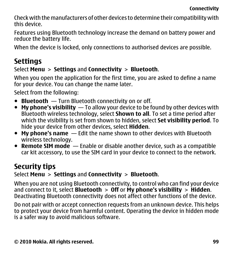 Settings, Security tips | Nokia 5233 User Manual | Page 99 / 142