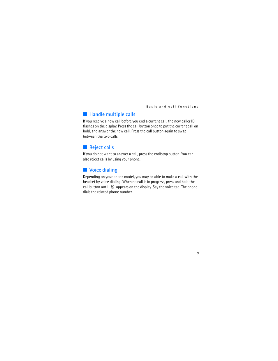 Handle multiple calls, Reject calls, Voice dialing | Handle multiple calls reject calls voice dialing | Nokia HS-69 User Manual | Page 9 / 12