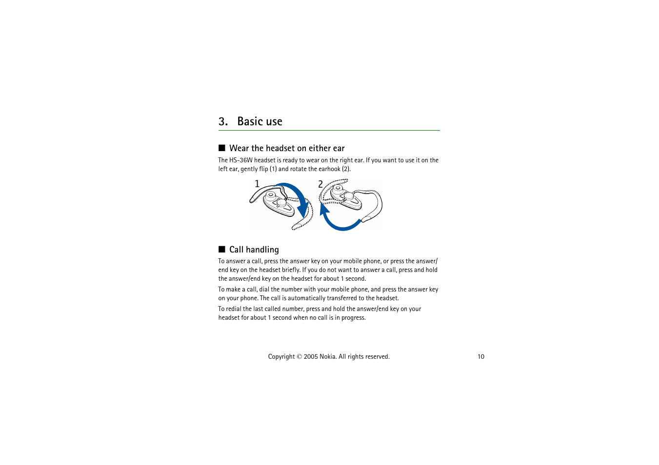 Basic use, Wear the headset on either ear, Call handling | Wear the headset on either ear call handling | Nokia HS 36W User Manual | Page 10 / 14