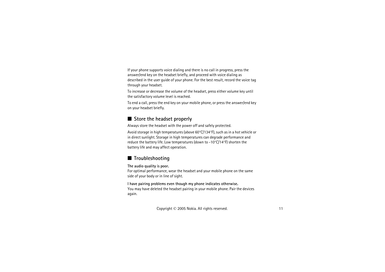 Store the headset properly, Troubleshooting, Store the headset properly troubleshooting | Nokia HS 36W User Manual | Page 11 / 14