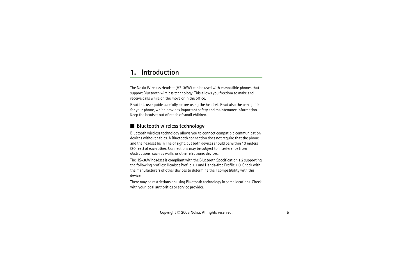 Introduction, Bluetooth wireless technology | Nokia HS 36W User Manual | Page 5 / 14