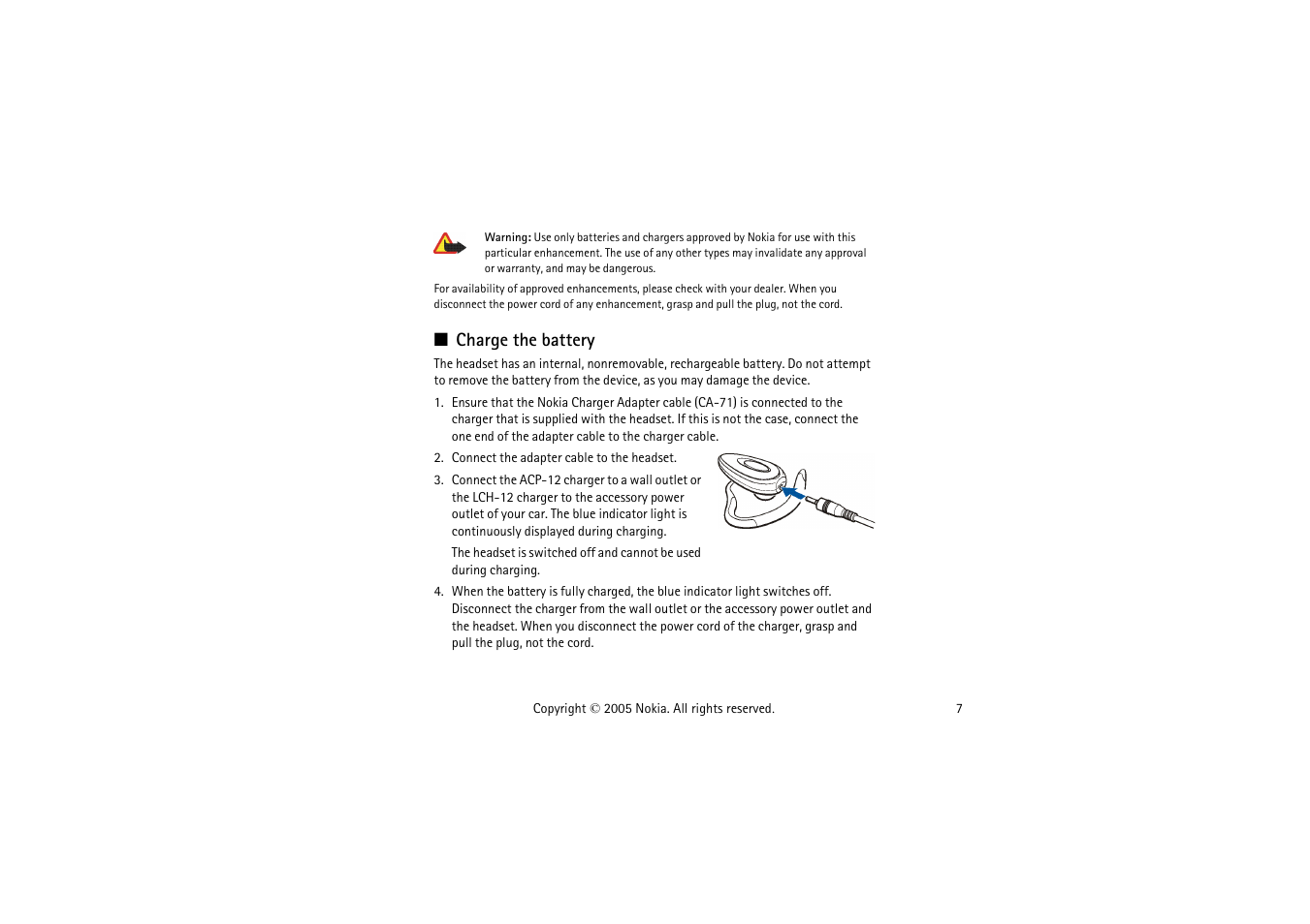 Charge the battery | Nokia HS 36W User Manual | Page 7 / 14