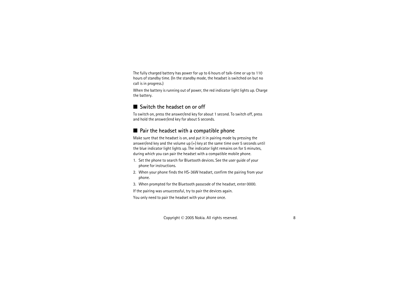 Switch the headset on or off, Pair the headset with a compatible phone | Nokia HS 36W User Manual | Page 8 / 14