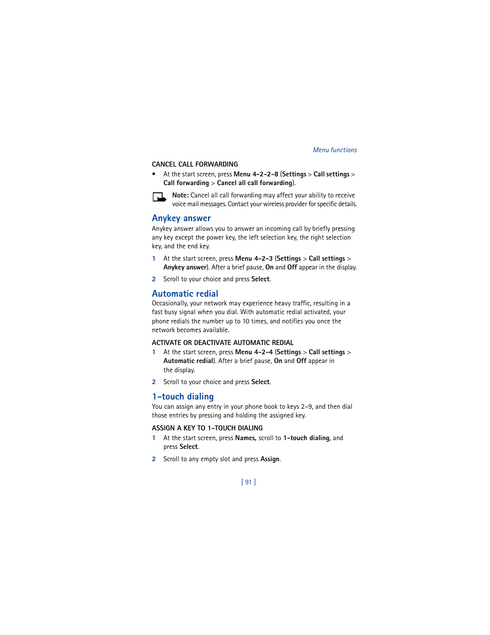 Anykey answer, Automatic redial, Touch dialing | Nokia 5100 User Manual | Page 100 / 193