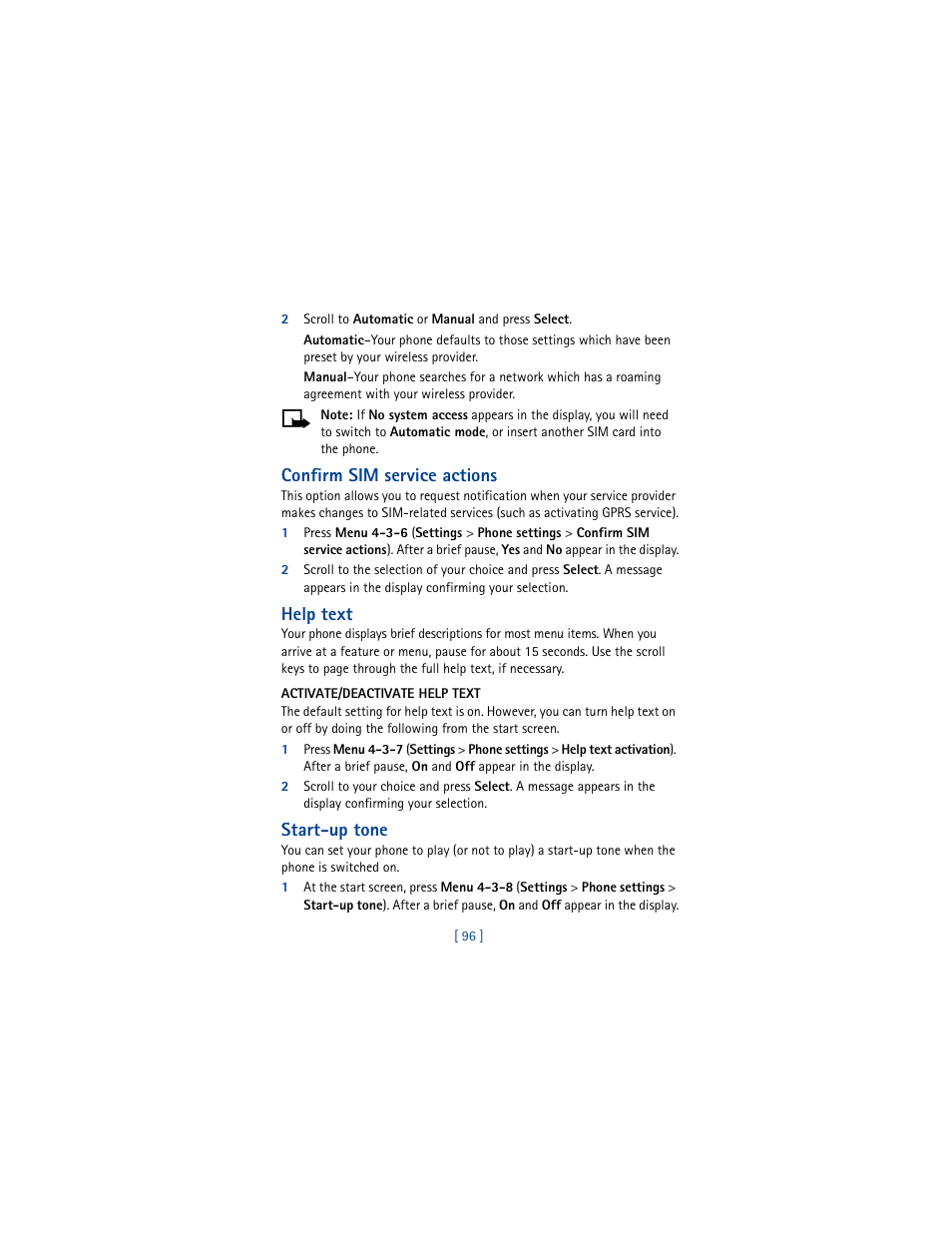 Confirm sim service actions, Help text, Start-up tone | Nokia 5100 User Manual | Page 105 / 193