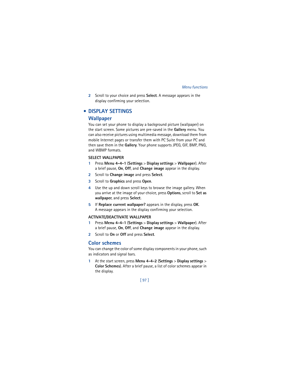 Display settings, Display settings wallpaper, Color schemes | Nokia 5100 User Manual | Page 106 / 193