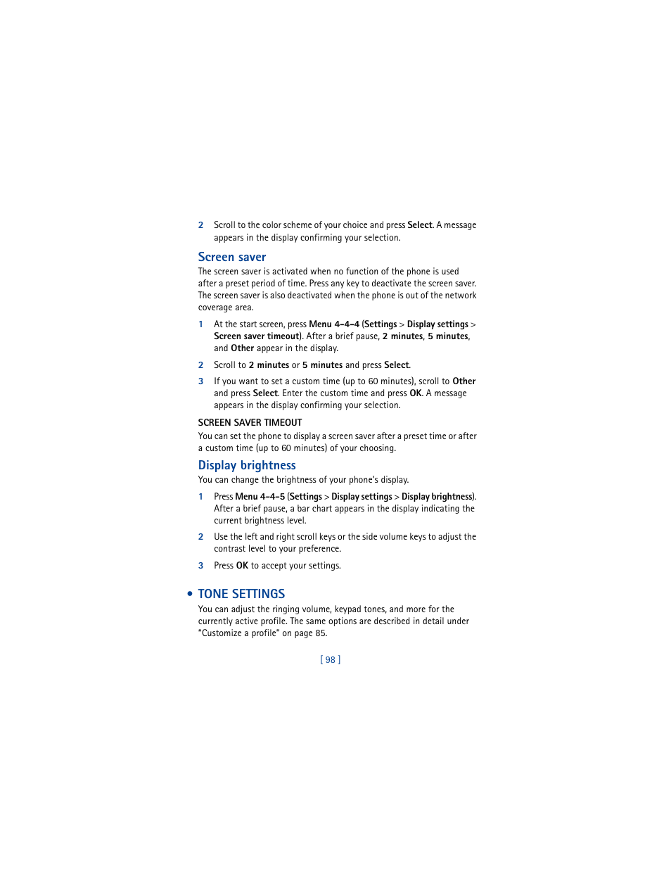 Tone settings, Screen saver, Display brightness | Nokia 5100 User Manual | Page 107 / 193