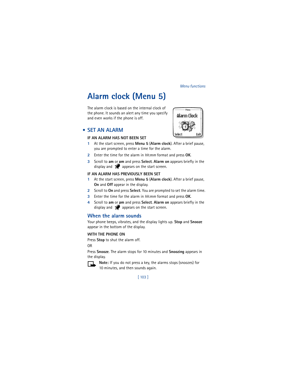 Alarm clock (menu 5), Set an alarm | Nokia 5100 User Manual | Page 112 / 193