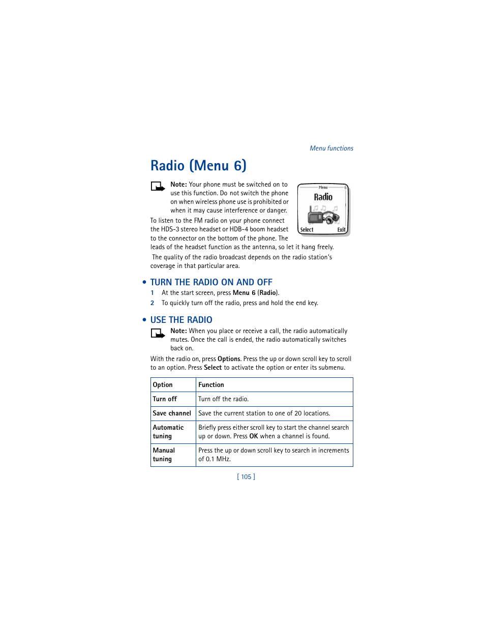 Radio (menu 6), Turn the radio on and off, Use the radio | Turn the radio on and off use the radio | Nokia 5100 User Manual | Page 114 / 193