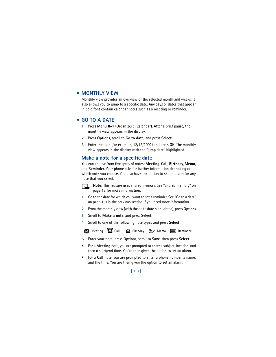 Monthly view, Go to a date, Monthly view go to a date | Nokia 5100 User Manual | Page 119 / 193