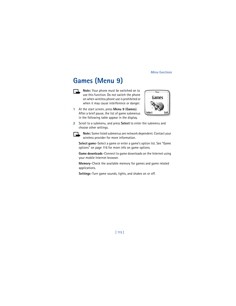 Games (menu 9) | Nokia 5100 User Manual | Page 124 / 193