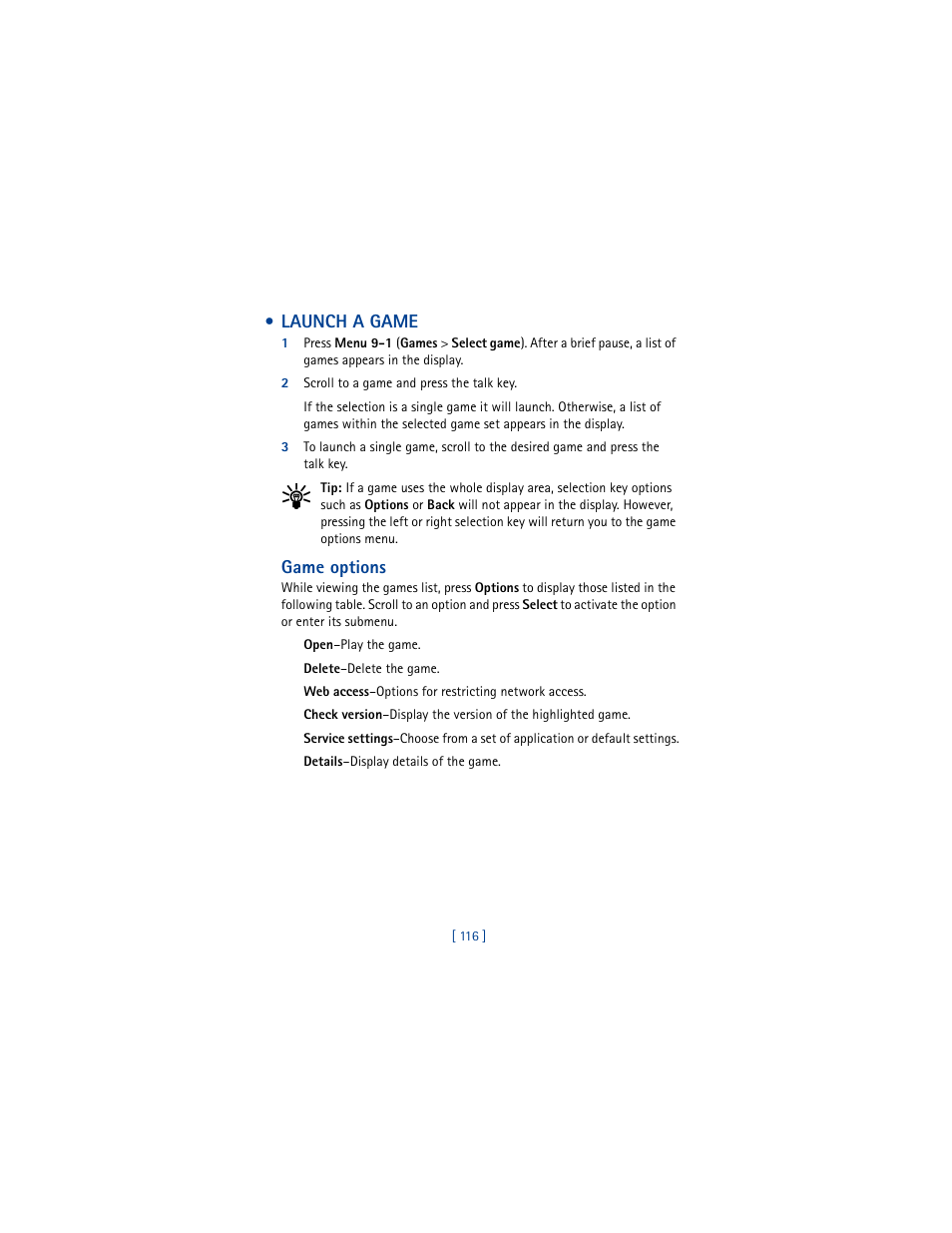 Launch a game, Game options | Nokia 5100 User Manual | Page 125 / 193