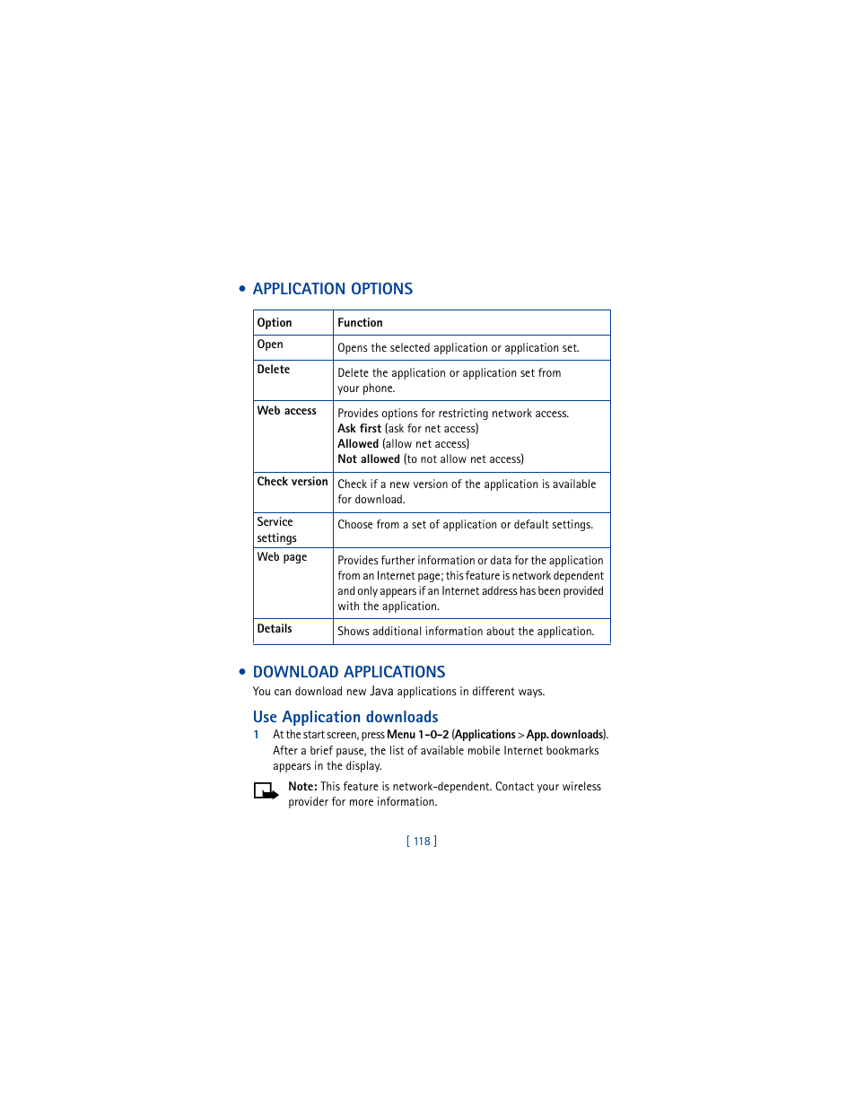 Application options, Download applications, Application options download applications | Application options • download applications, Use application downloads | Nokia 5100 User Manual | Page 127 / 193