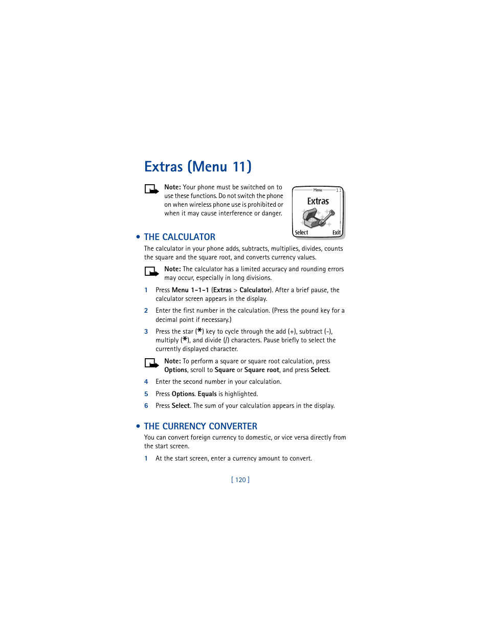 Extras (menu 11), The calculator, The currency converter | The calculator the currency converter | Nokia 5100 User Manual | Page 129 / 193