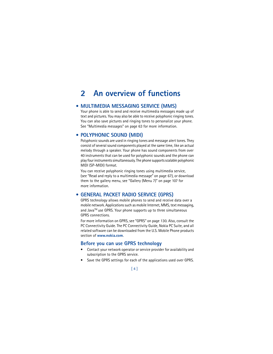 2 an overview of functions, Multimedia messaging service (mms), Polyphonic sound (midi) | General packet radio service (gprs), An overview of functions, 2an overview of functions | Nokia 5100 User Manual | Page 13 / 193