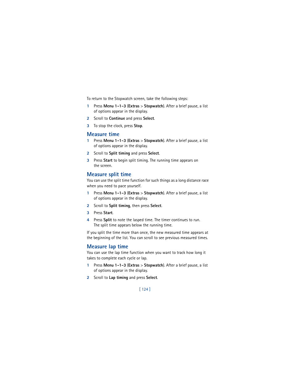 Measure time, Measure split time, Measure lap time | Nokia 5100 User Manual | Page 133 / 193