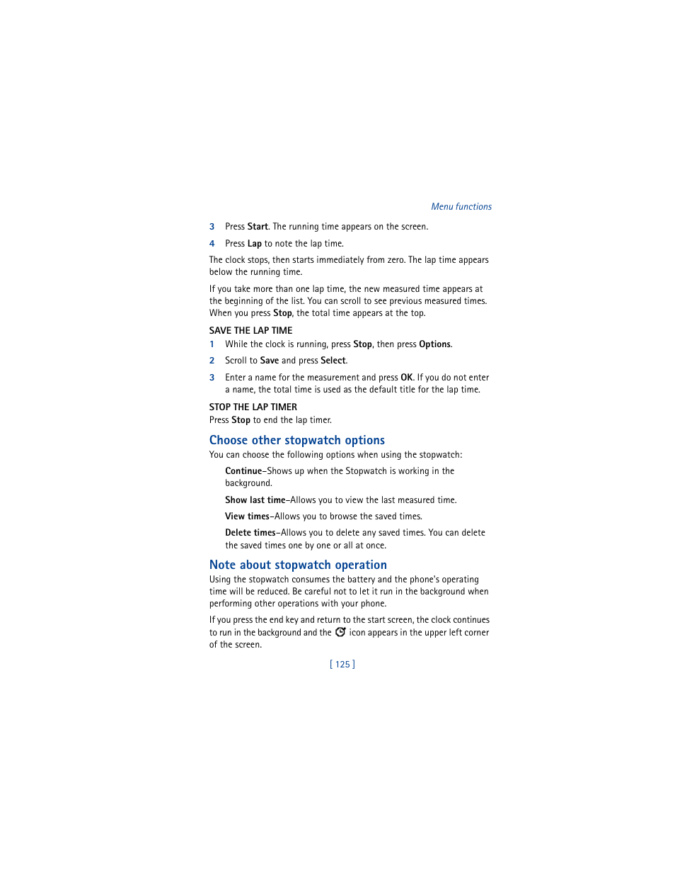 Choose other stopwatch options | Nokia 5100 User Manual | Page 134 / 193