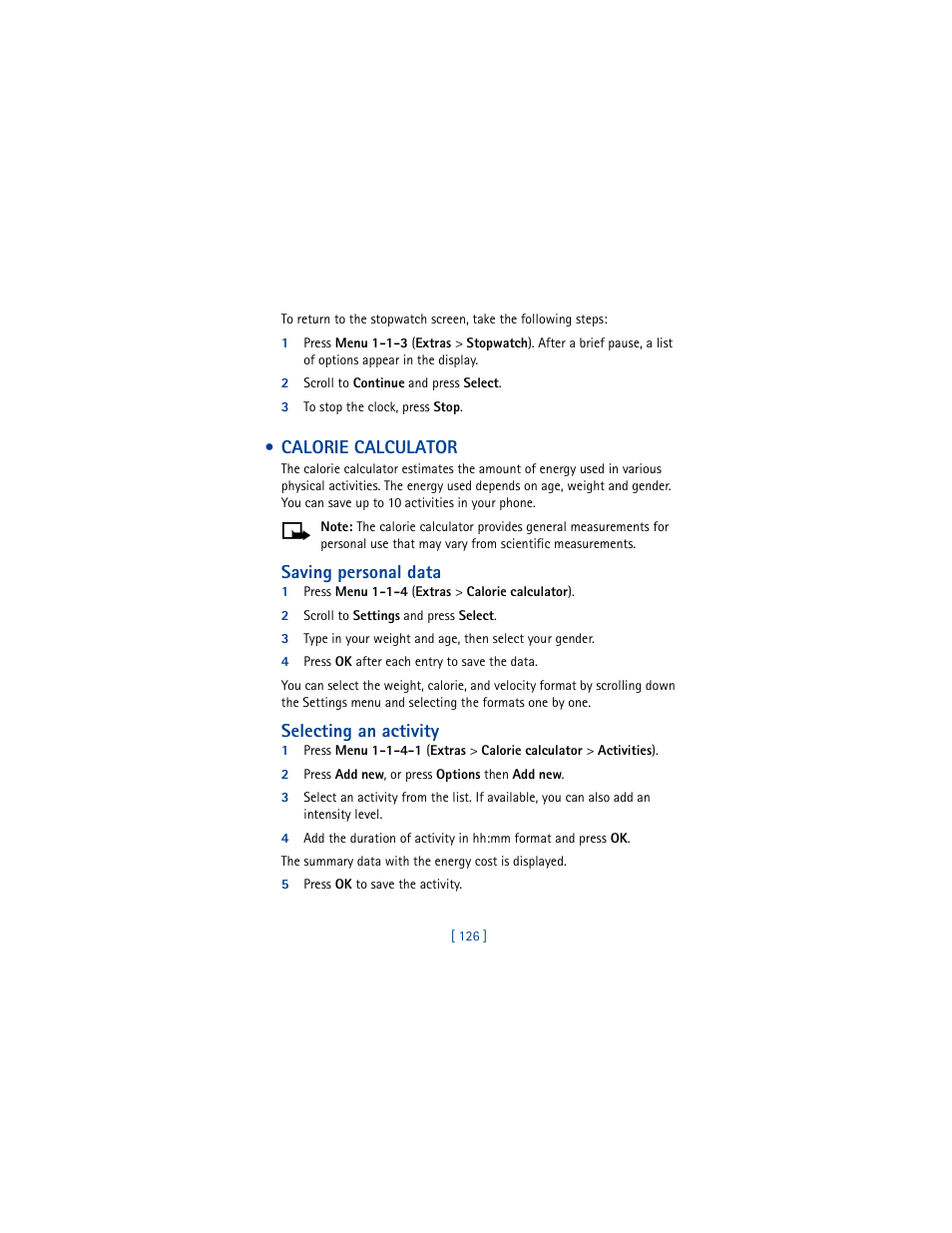 Calorie calculator, Saving personal data, Selecting an activity | Nokia 5100 User Manual | Page 135 / 193