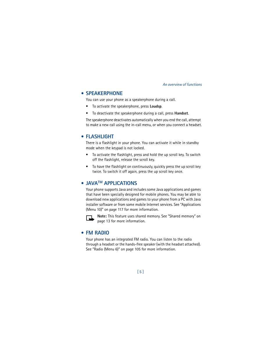 Speakerphone, Flashlight, Javatm applications | Fm radio, Speakerphone flashlight java | Nokia 5100 User Manual | Page 14 / 193