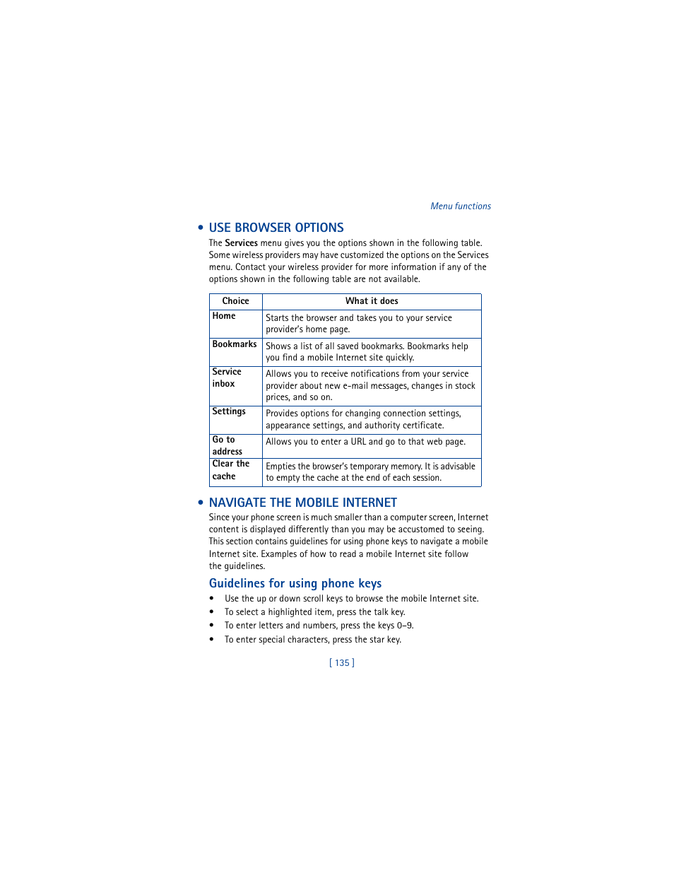 Use browser options, Navigate the mobile internet, Use browser options navigate the mobile internet | Guidelines for using phone keys | Nokia 5100 User Manual | Page 144 / 193