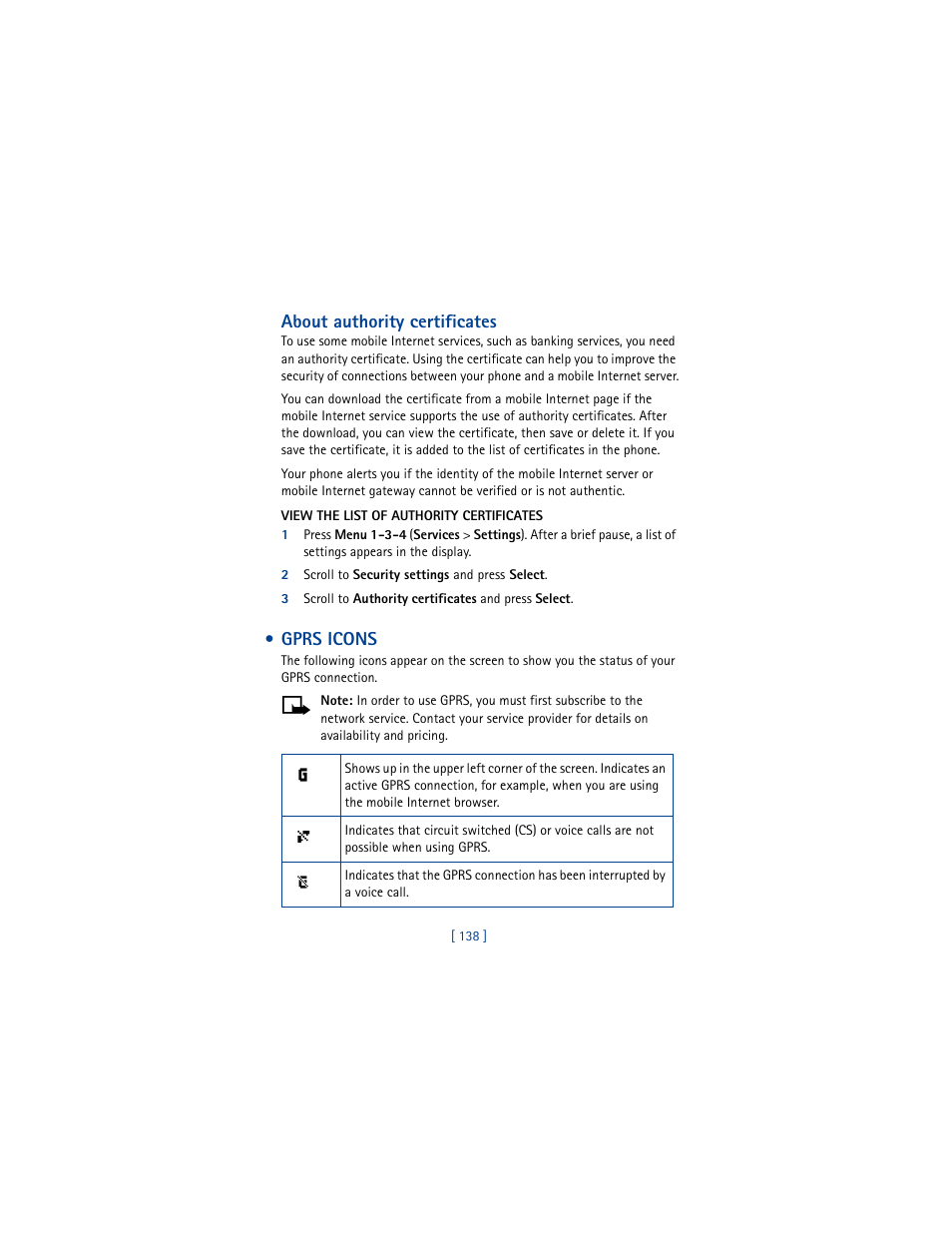 Gprs icons, About authority certificates | Nokia 5100 User Manual | Page 147 / 193