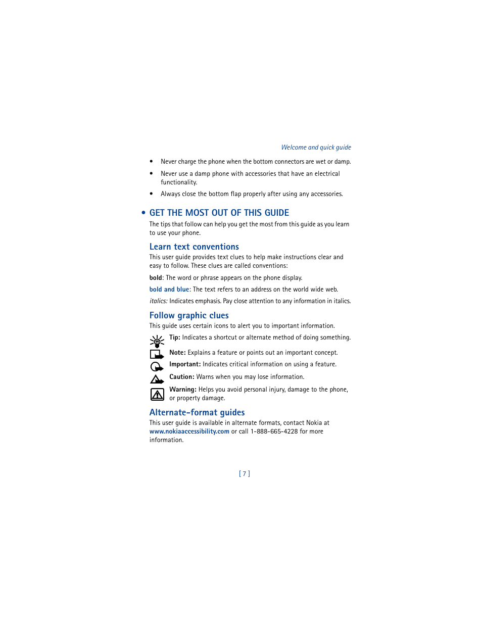 Get the most out of this guide, Learn text conventions, Follow graphic clues | Alternate-format guides | Nokia 5100 User Manual | Page 16 / 193