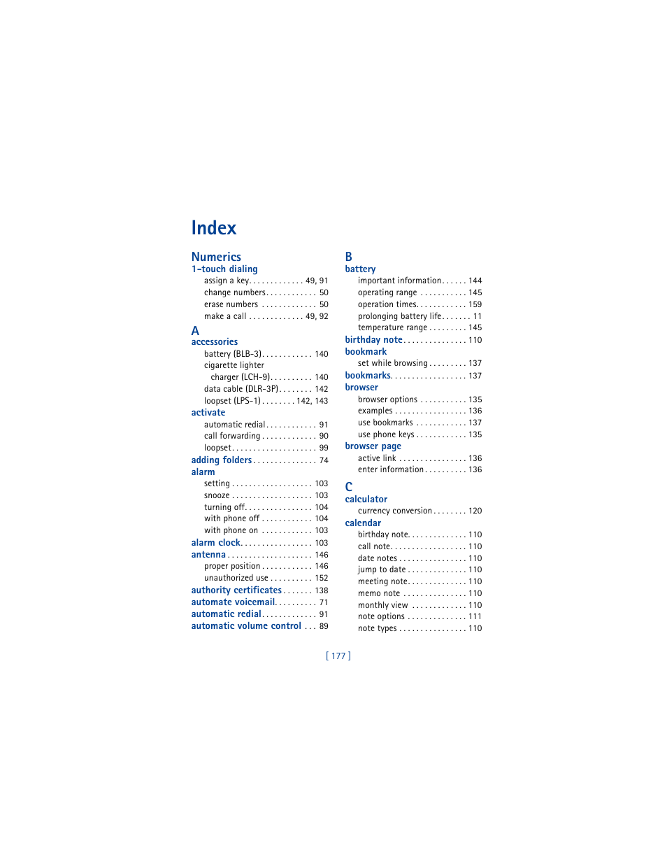 Index, Numerics | Nokia 5100 User Manual | Page 186 / 193