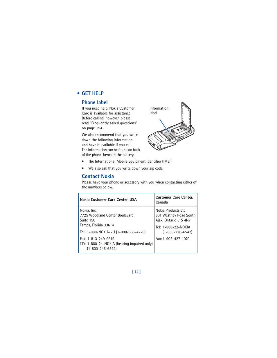 Get help, Get help phone label, Contact nokia | Nokia 5100 User Manual | Page 23 / 193