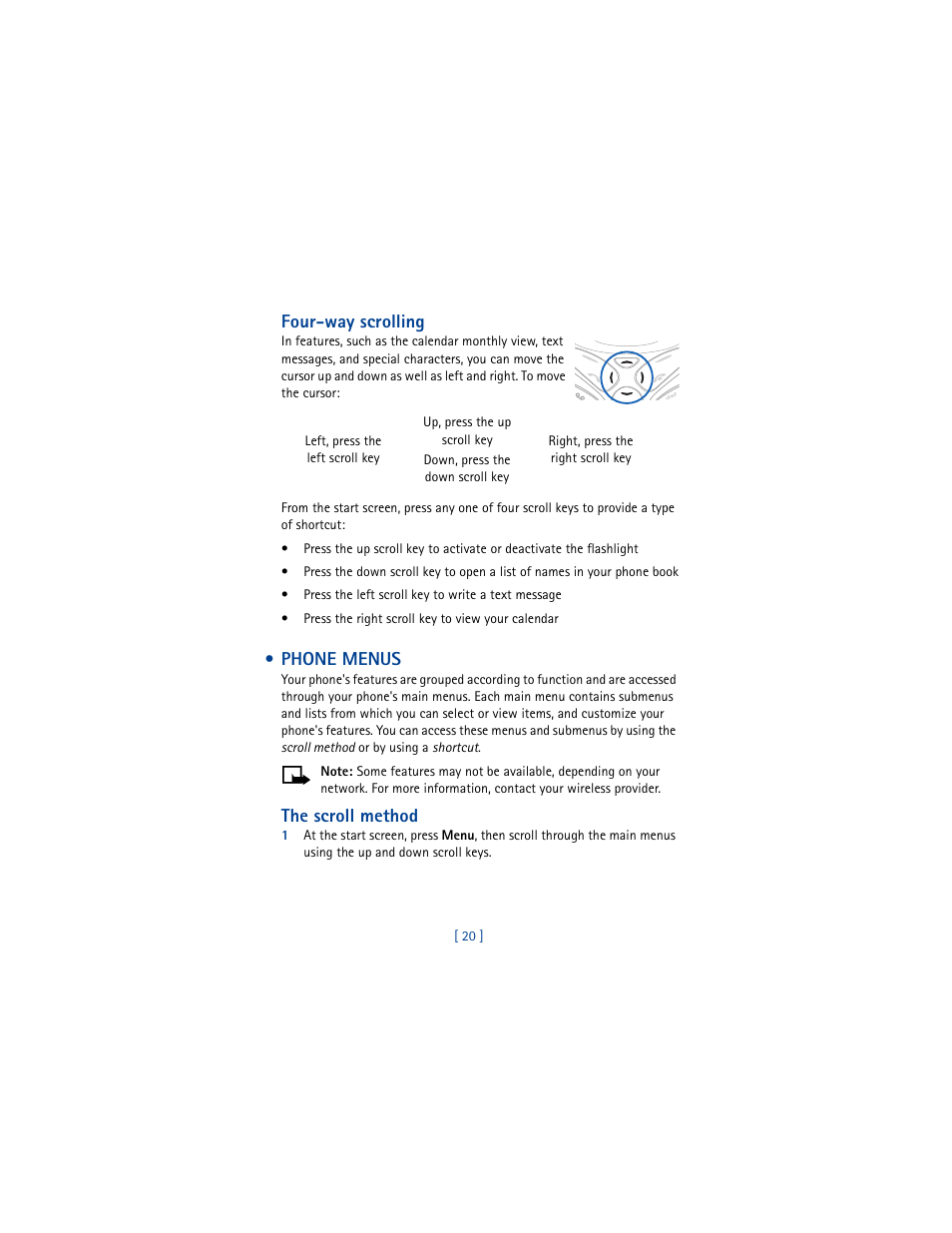 Phone menus, Four-way scrolling, The scroll method | Nokia 5100 User Manual | Page 29 / 193