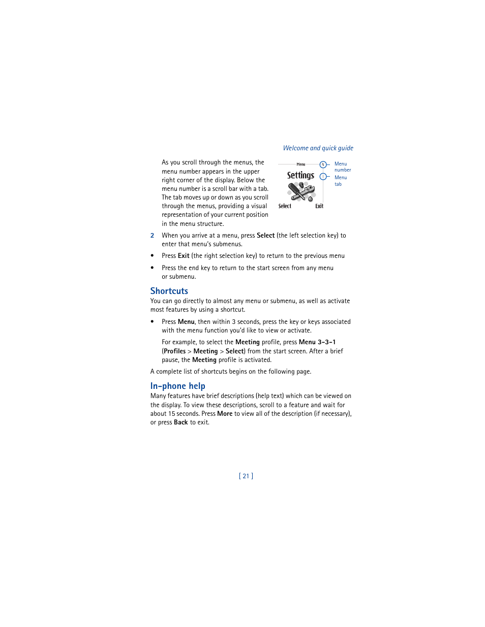 Shortcuts, In-phone help | Nokia 5100 User Manual | Page 30 / 193