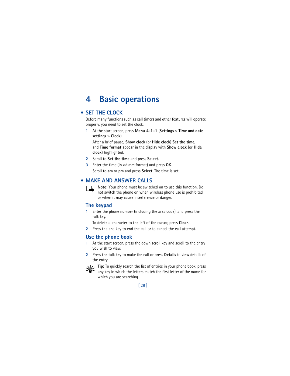 4 basic operations, Set the clock, Make and answer calls | Basic operations, Set the clock make and answer calls, 4basic operations | Nokia 5100 User Manual | Page 35 / 193