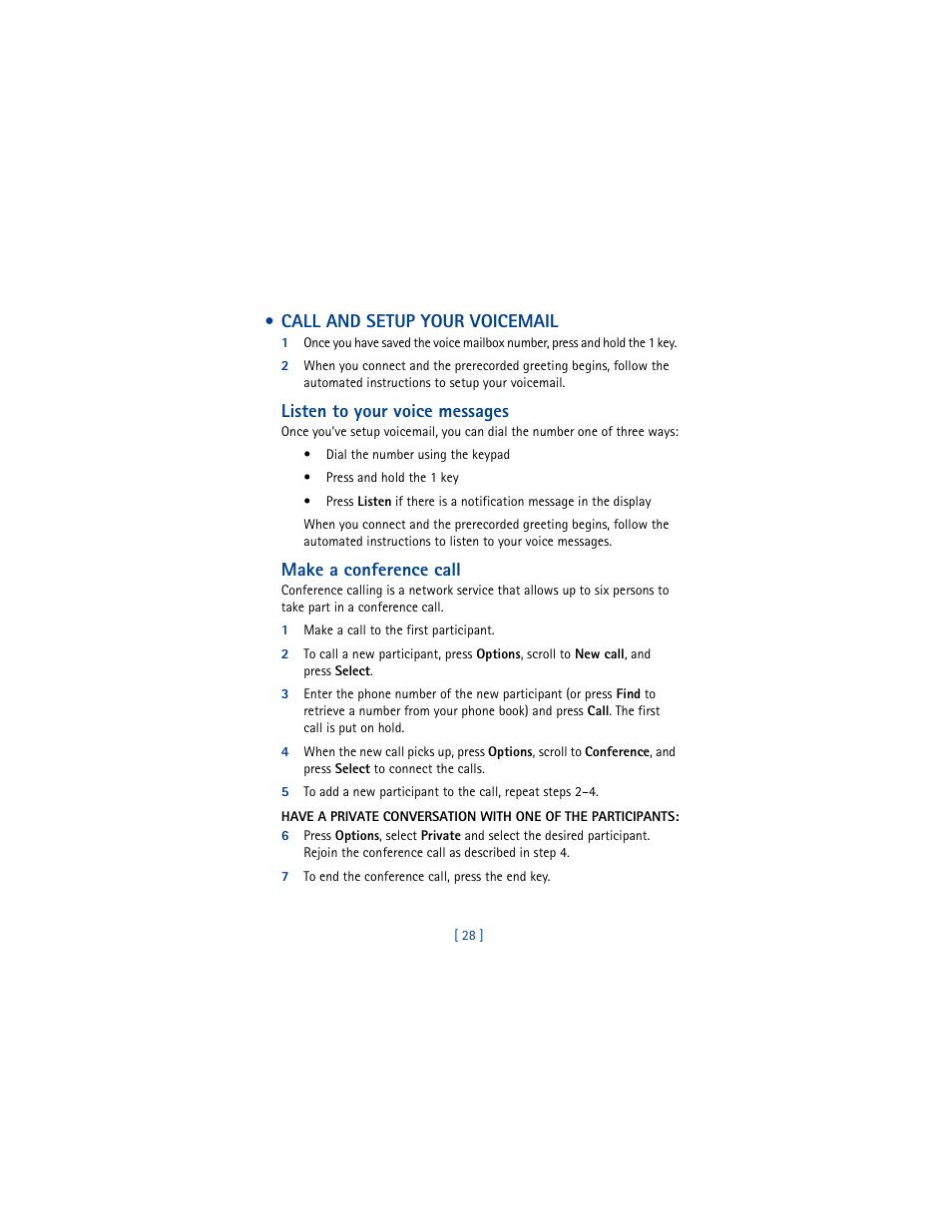 Call and setup your voicemail, Listen to your voice messages, Make a conference call | Nokia 5100 User Manual | Page 37 / 193