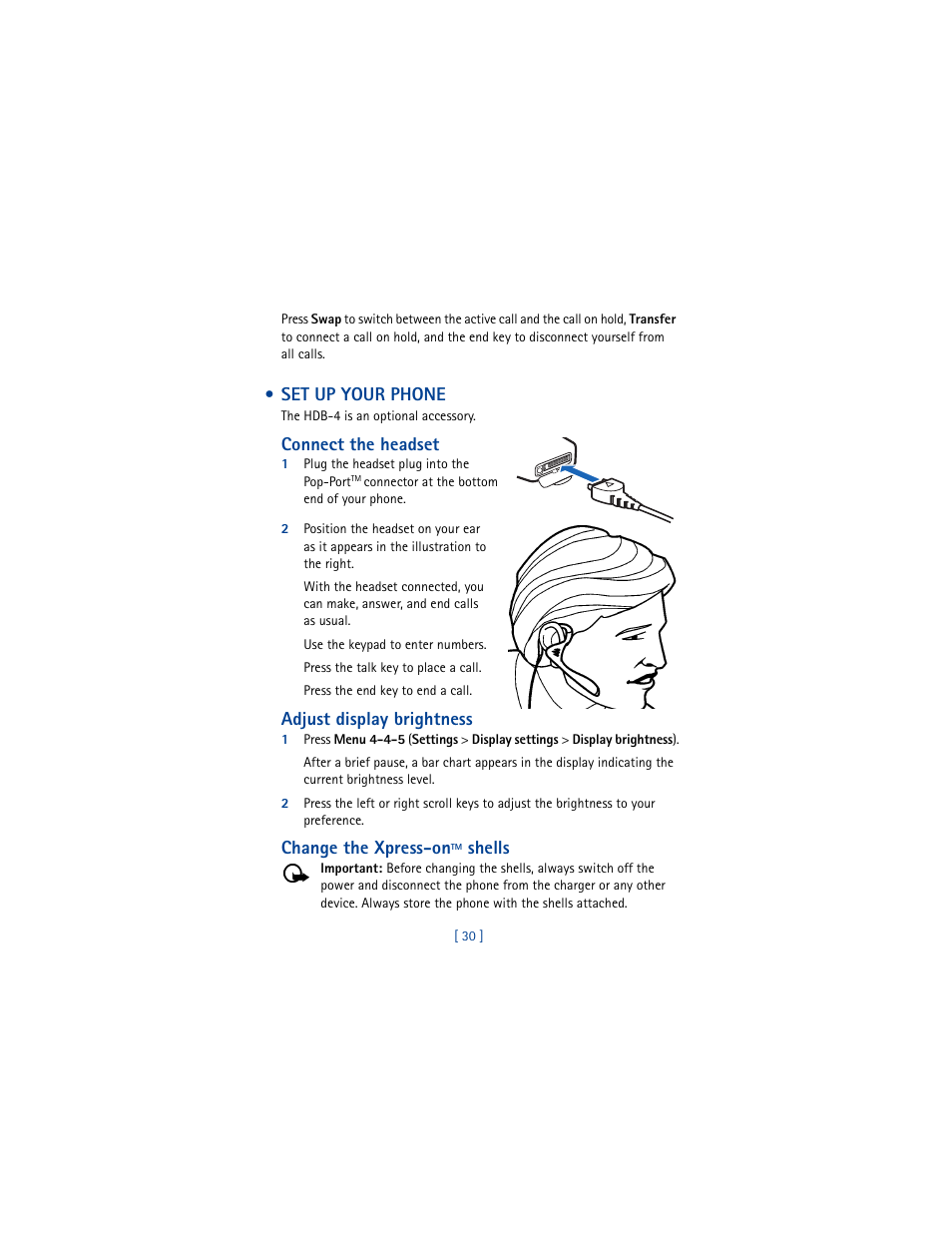 Set up your phone, Connect the headset, Adjust display brightness | Change the xpress-on, Shells | Nokia 5100 User Manual | Page 39 / 193