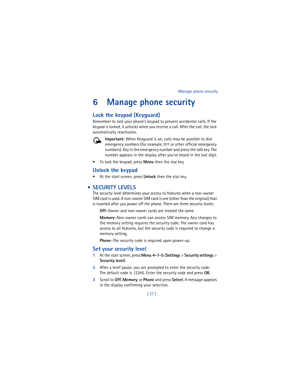 6 manage phone security, Security levels, Manage phone security | 6manage phone security | Nokia 5100 User Manual | Page 46 / 193