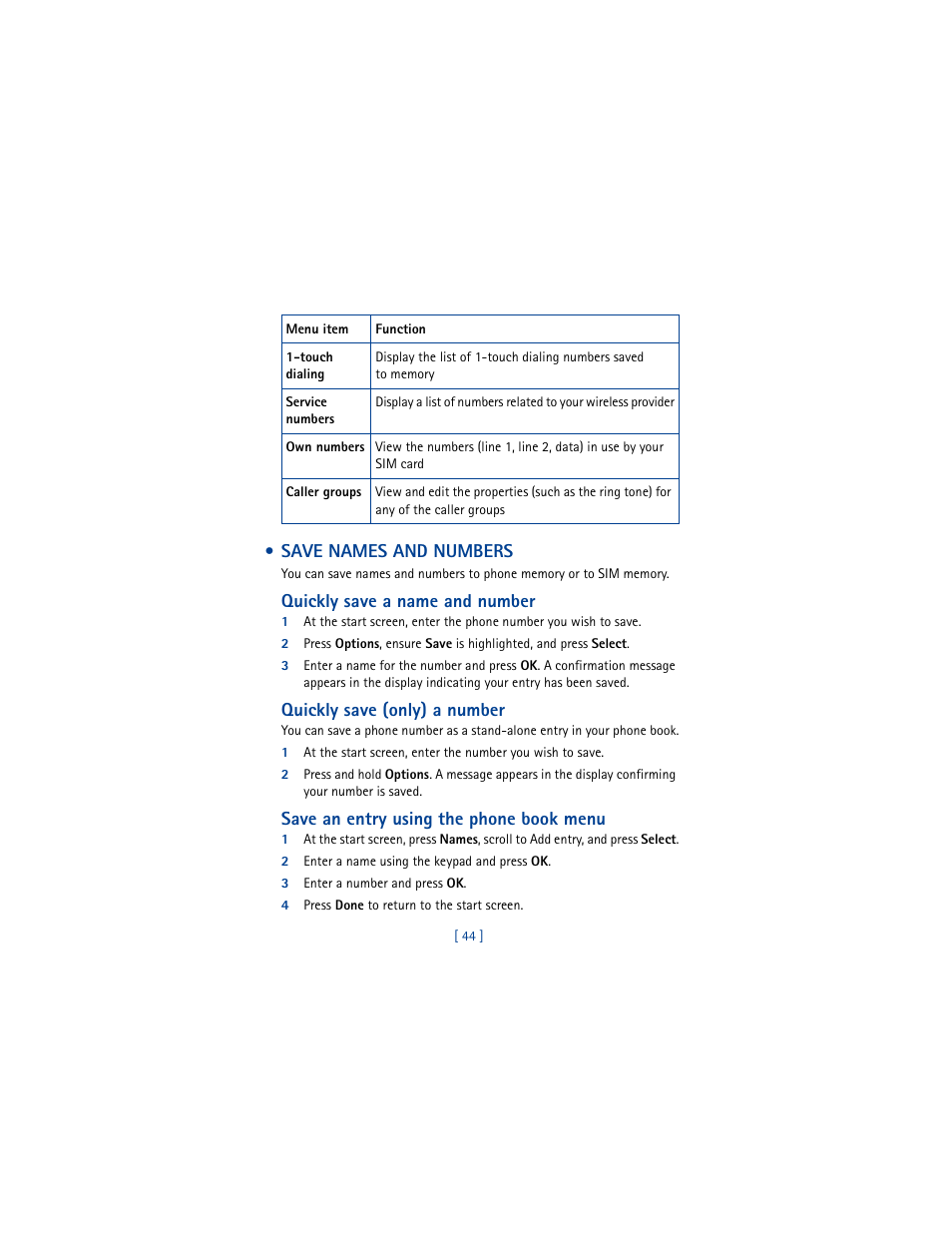 Save names and numbers, Quickly save a name and number, Quickly save (only) a number | Save an entry using the phone book menu | Nokia 5100 User Manual | Page 53 / 193