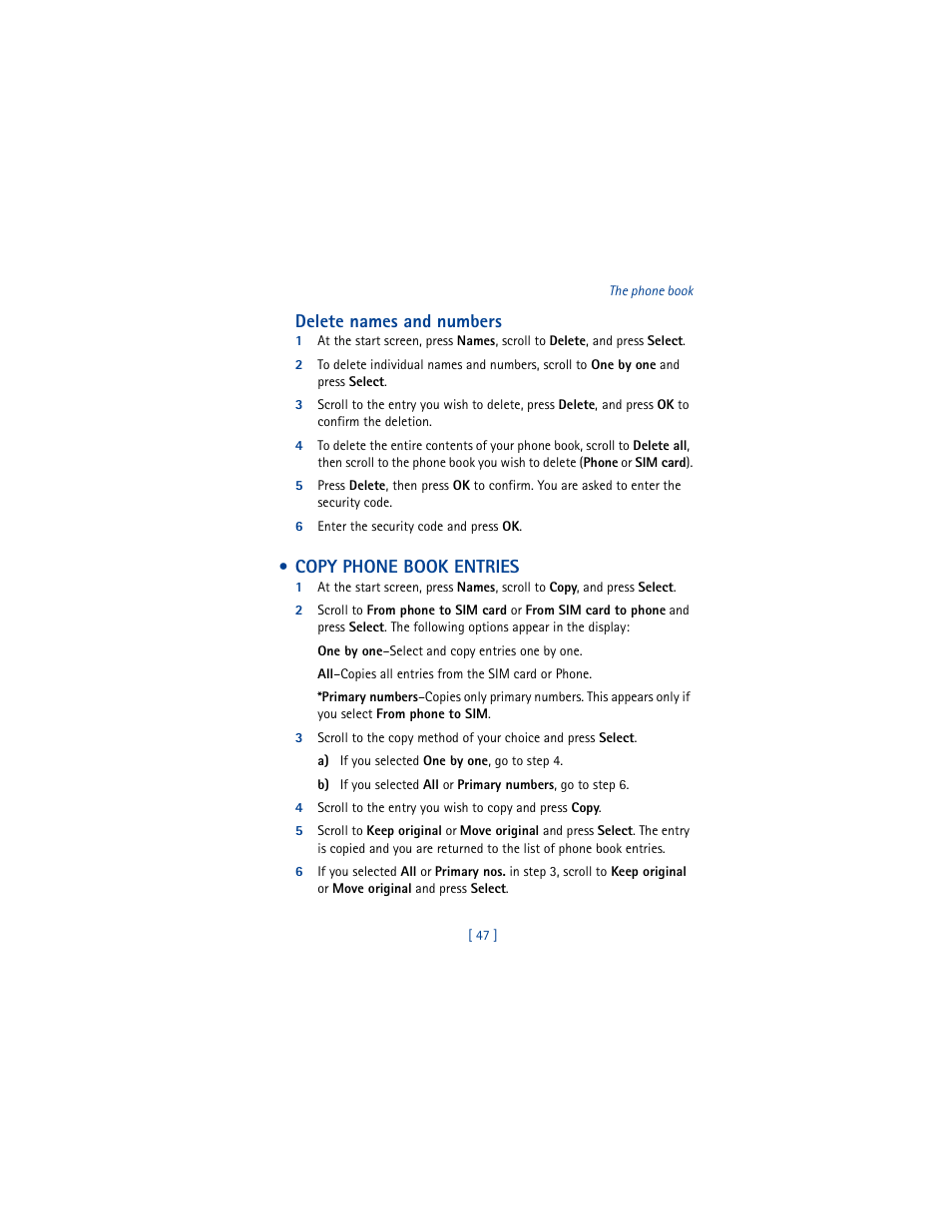 Copy phone book entries, Delete names and numbers | Nokia 5100 User Manual | Page 56 / 193