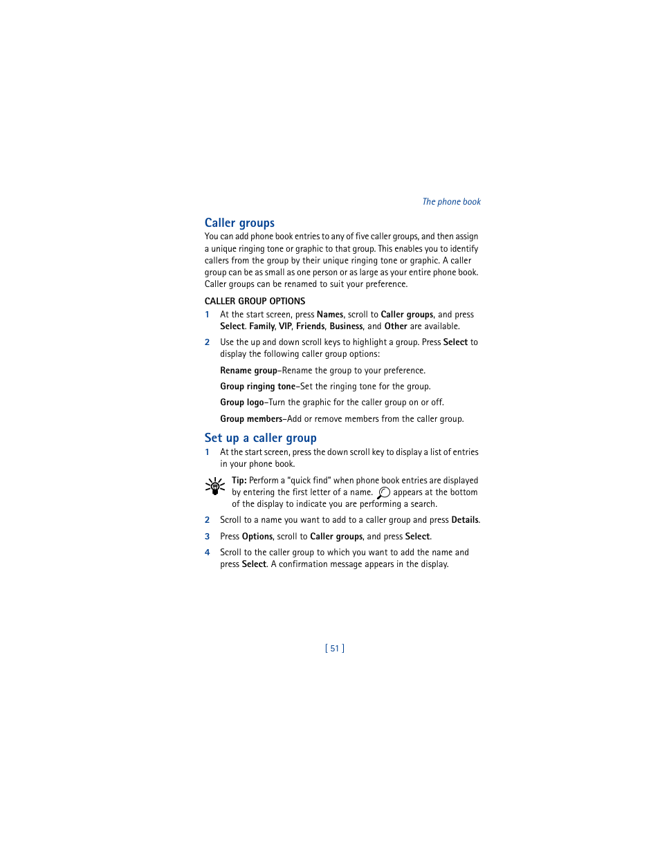 Caller groups, Set up a caller group | Nokia 5100 User Manual | Page 60 / 193