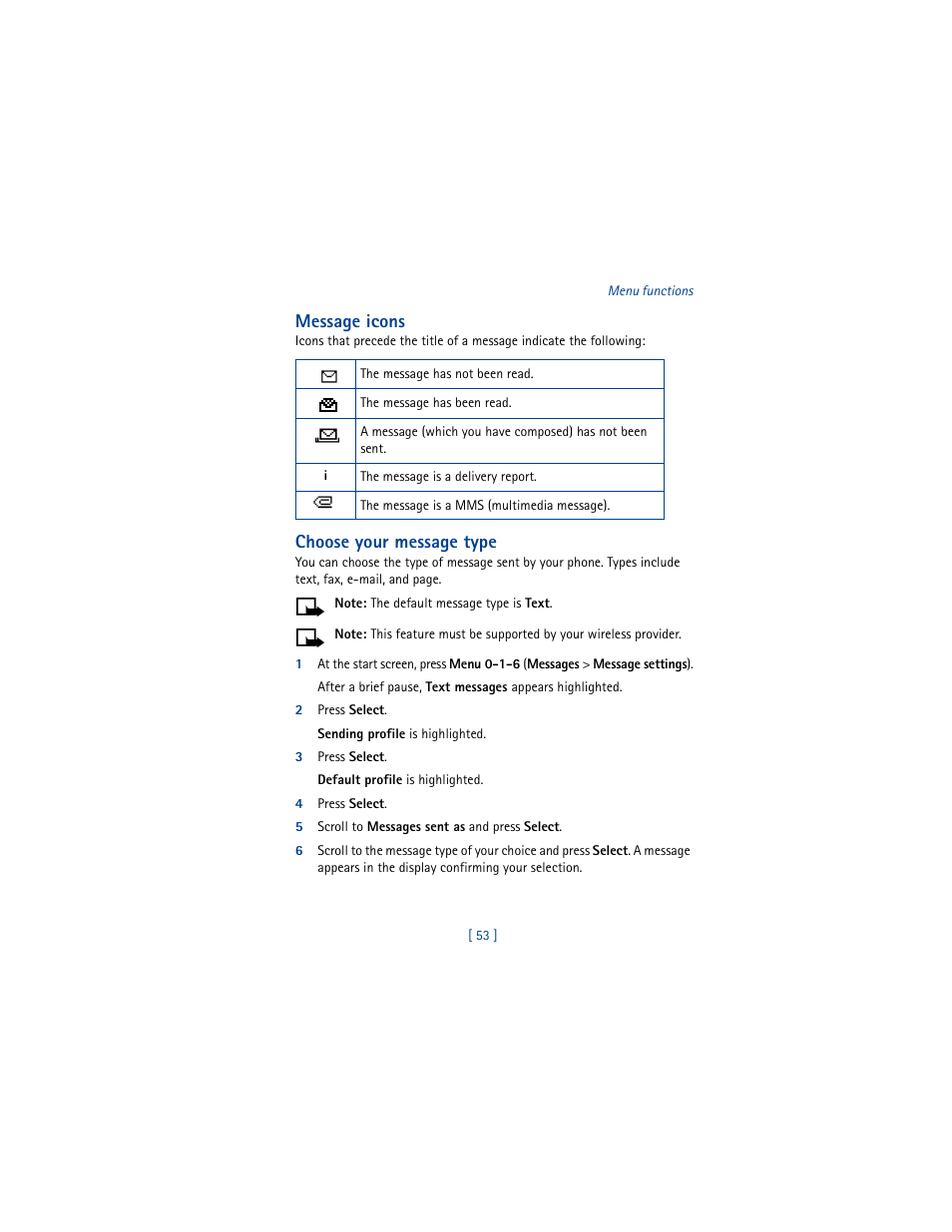 Message icons, Choose your message type | Nokia 5100 User Manual | Page 62 / 193