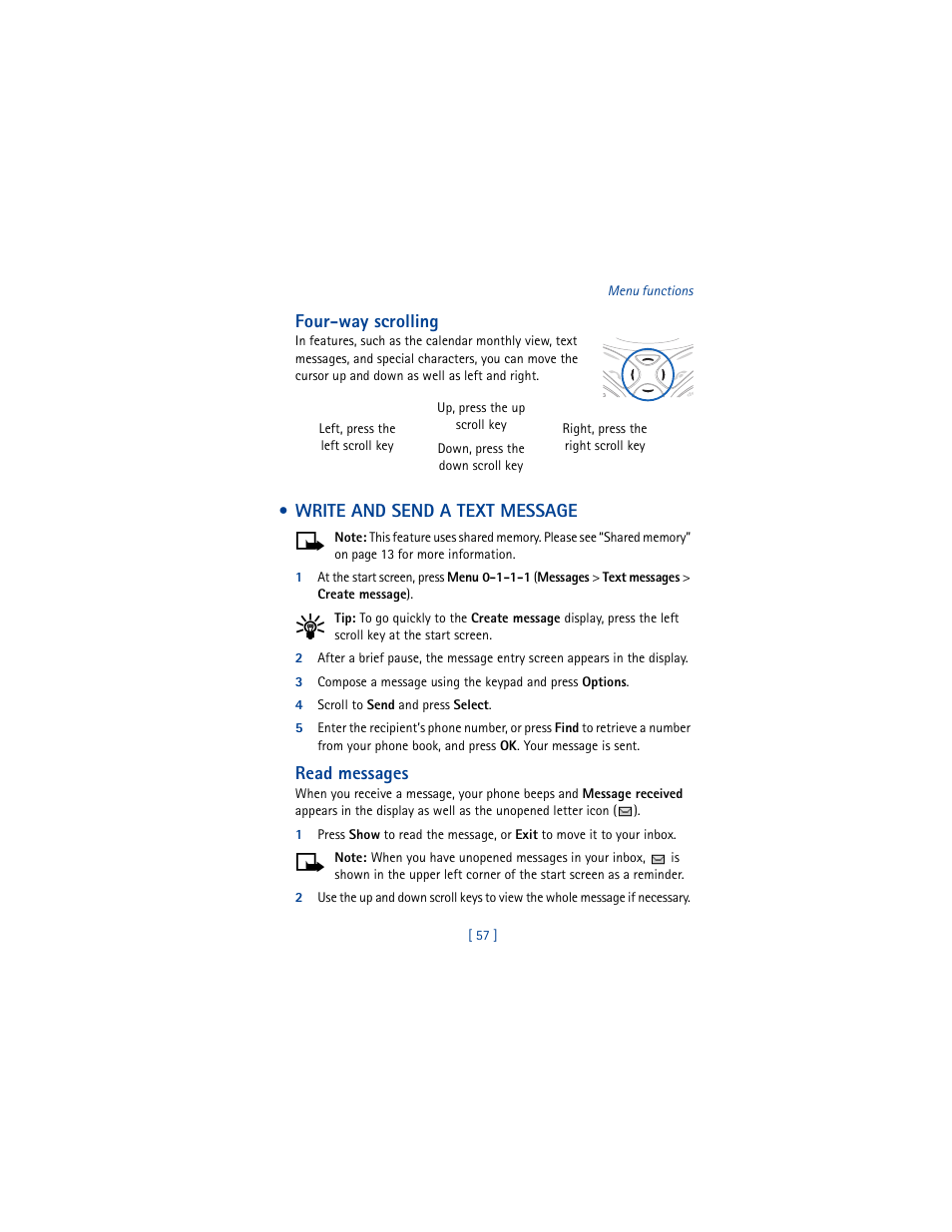 Write and send a text message, Four-way scrolling, Read messages | Nokia 5100 User Manual | Page 66 / 193