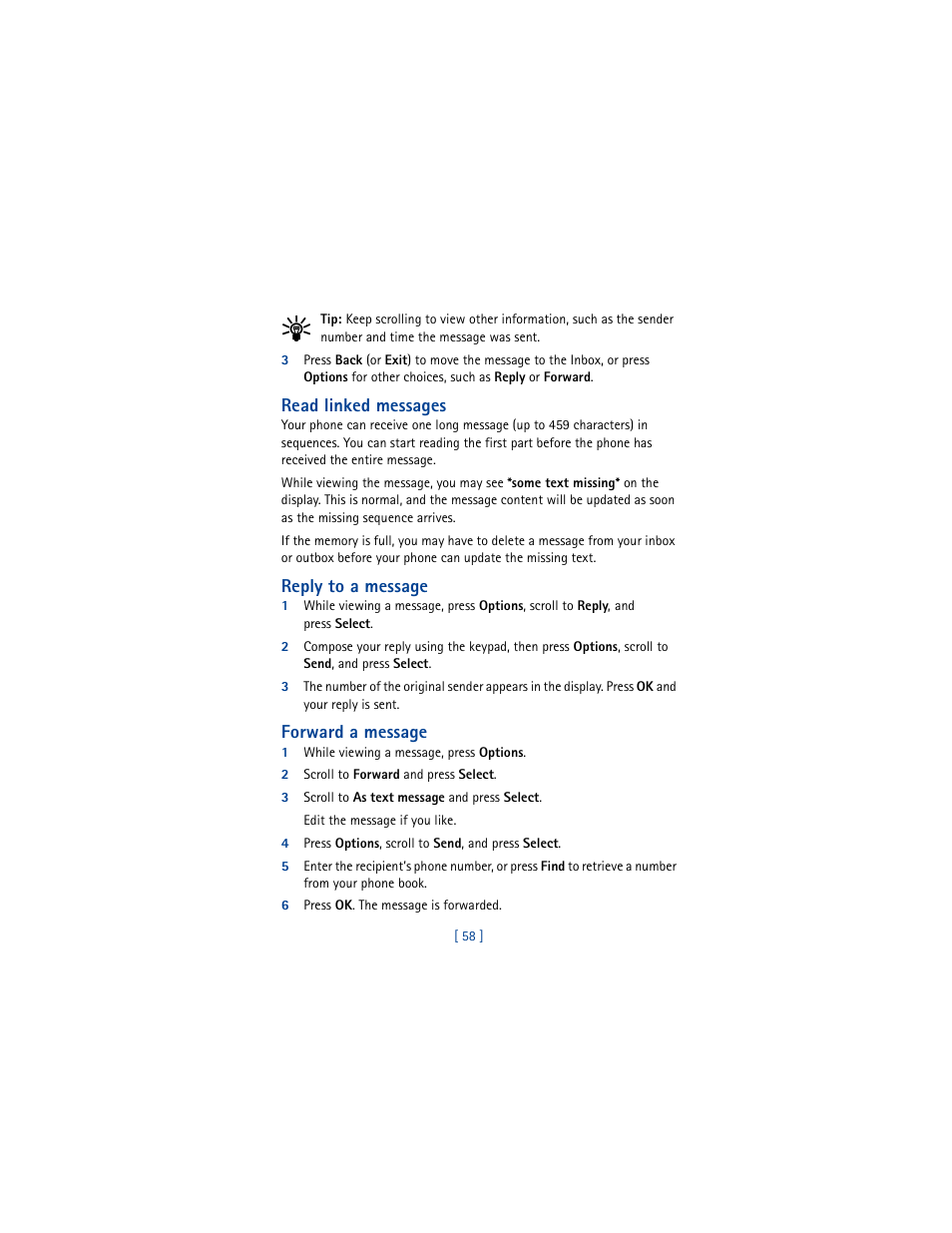 Read linked messages, Reply to a message, Forward a message | Nokia 5100 User Manual | Page 67 / 193