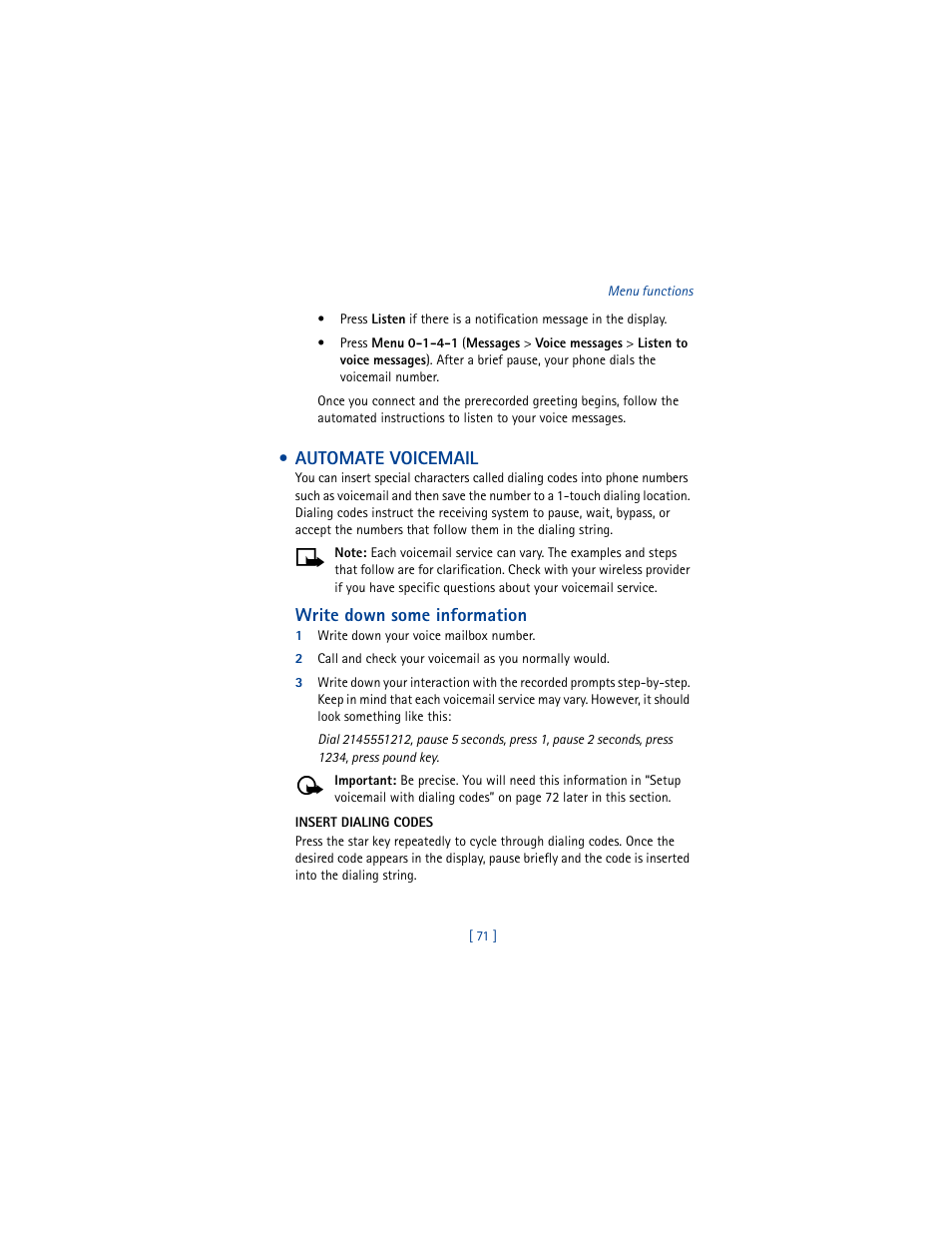 Automate voicemail, Write down some information | Nokia 5100 User Manual | Page 80 / 193