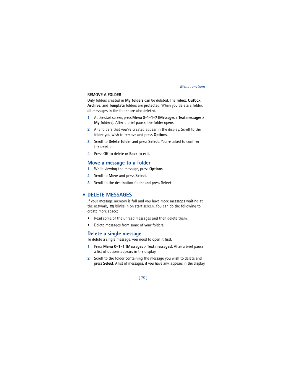 Delete messages, Move a message to a folder, Delete a single message | Nokia 5100 User Manual | Page 84 / 193