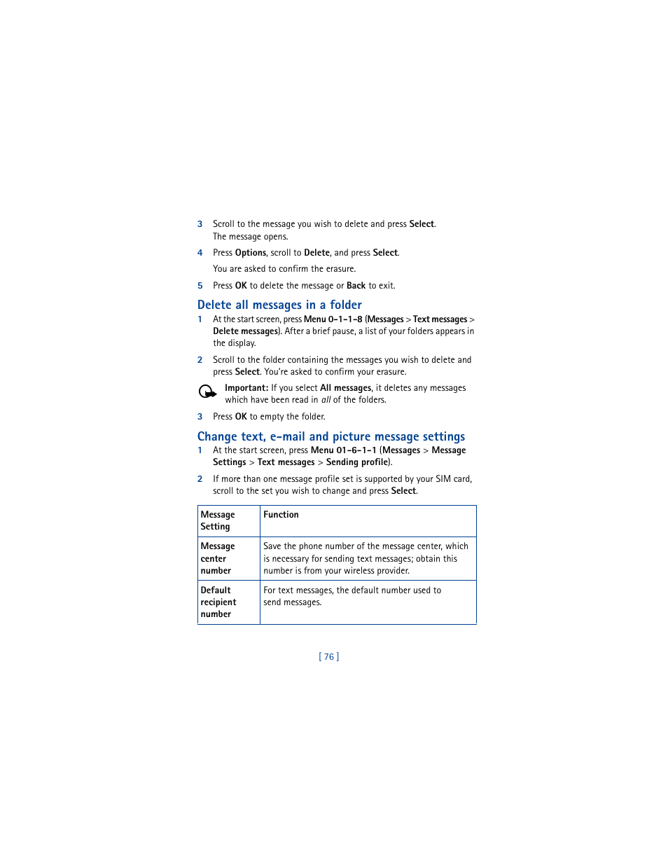 Delete all messages in a folder, Change text, e-mail and picture message settings | Nokia 5100 User Manual | Page 85 / 193