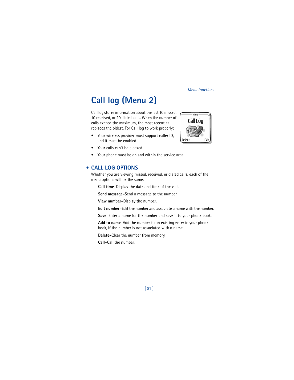 Call log (menu 2), Call log options | Nokia 5100 User Manual | Page 90 / 193